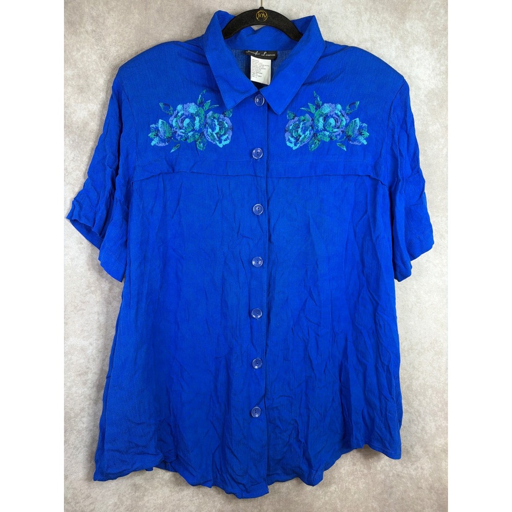 NWT VTG 90s Jennifer Lauren Button Down Shirt Women 1X Blue Floral Graphic Rayon